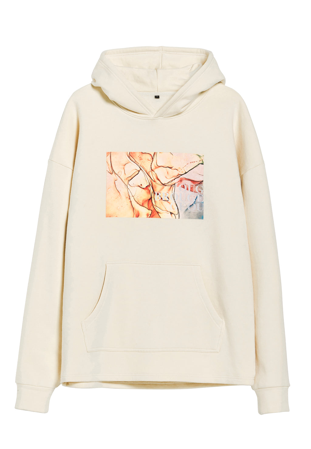 Oversized beach beige hoodie featuring a subtle chest print, perfect for loungewear fashion and casual outings.